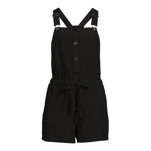 No Boundaries Shortalls In Black Soot Faux Buttons Drawstring Waist - Picture 1 of 11